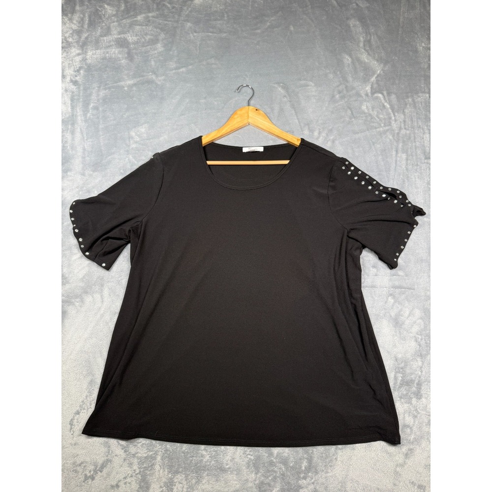 89th & Madison Blouse Top Womens 1X Black Stretch Studded Shoulder Round Neck